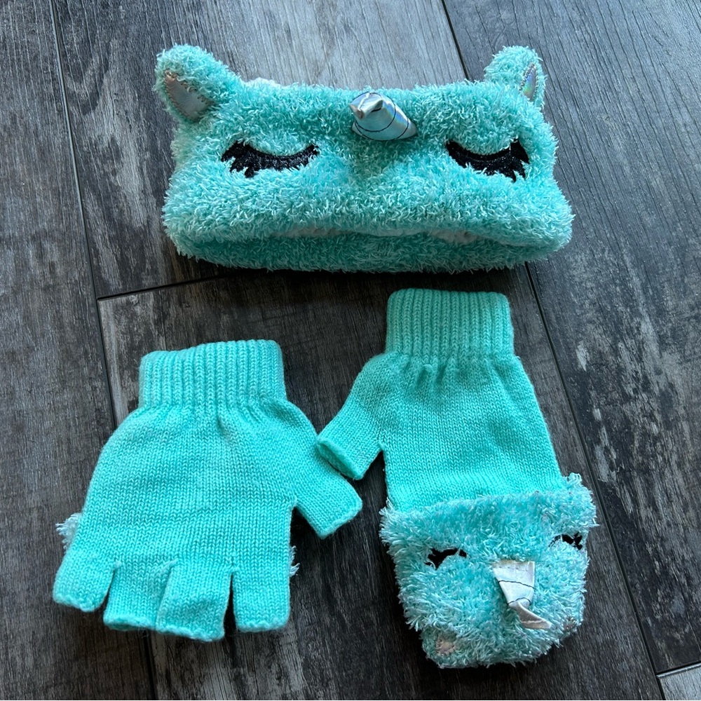 Girls one size fits most aqua blue Unicorn Headband with matching  mitten/gloves